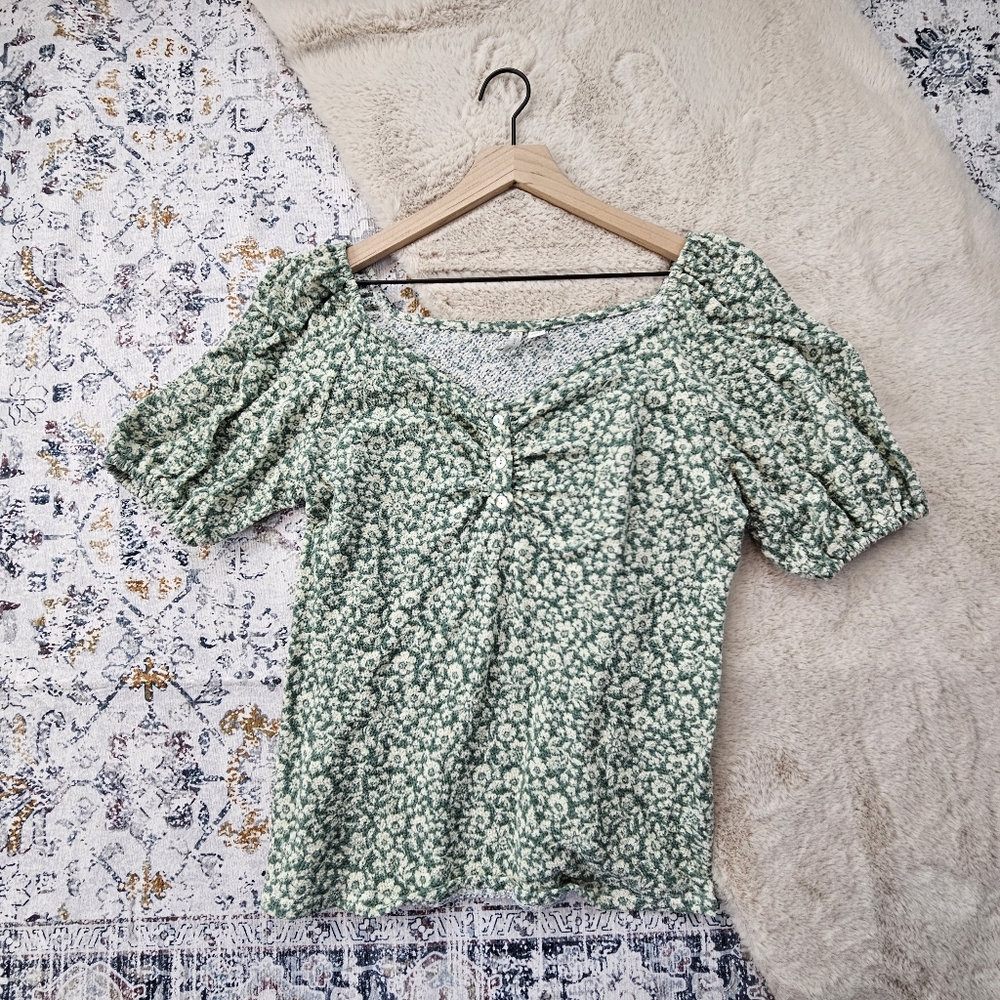 LARGE Cato Green White Floral Puff Sleeve Blouse Top